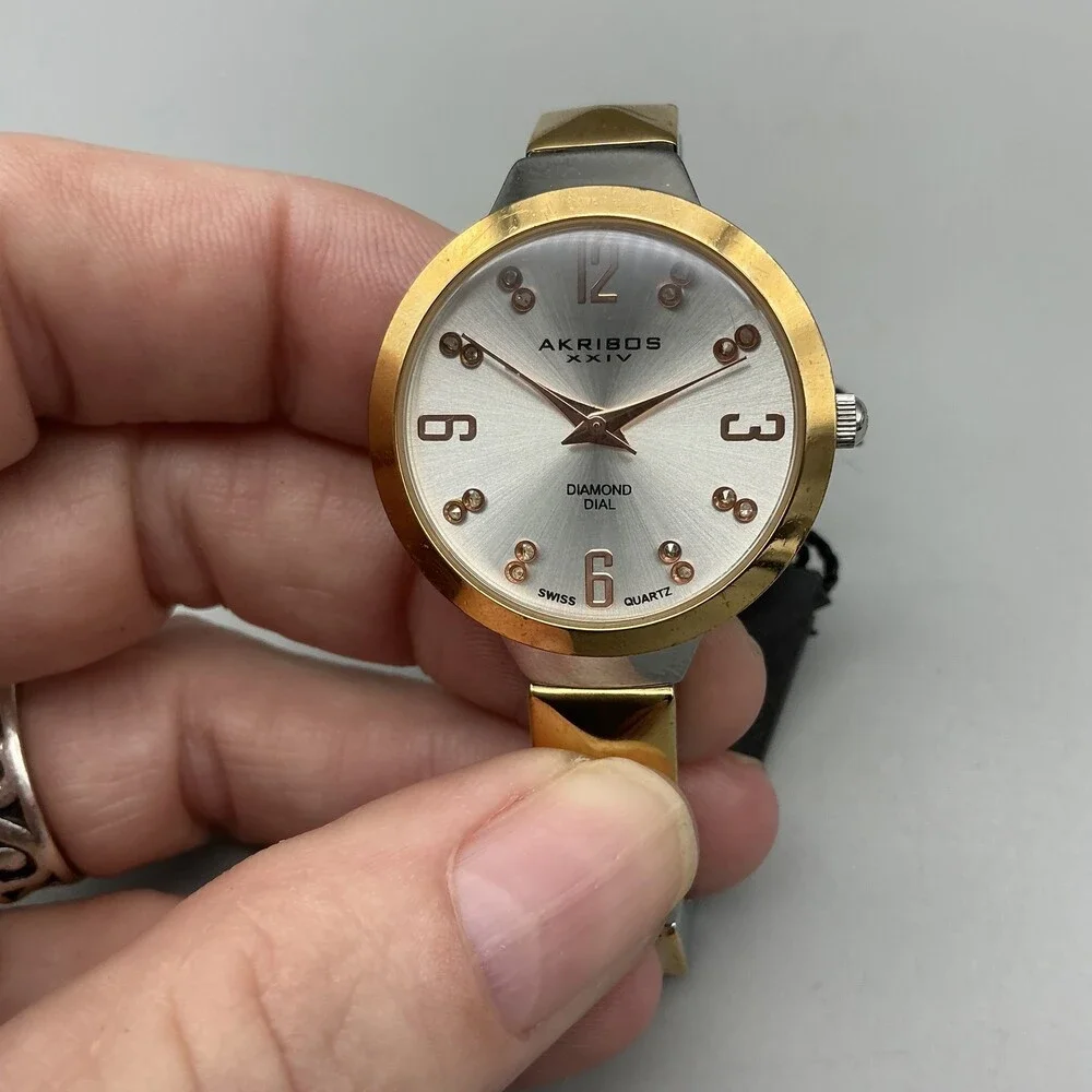 Akribos XXIV Diamond Womens Watch 30mm Two Tone Bracelet New Battery 7.5